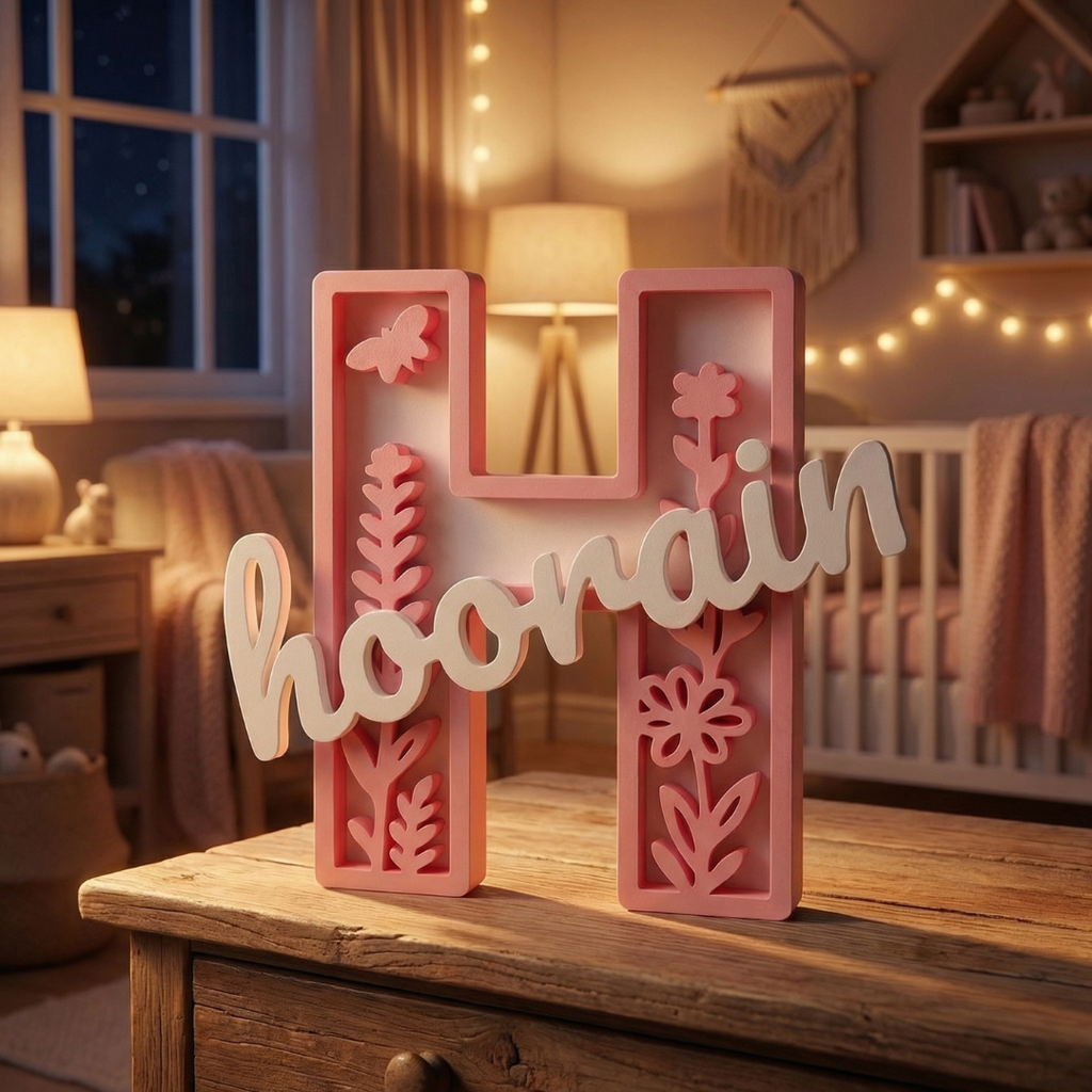 Floral Decorative Personalized Initial with Name | Custom Name Table Top Sign | Desk/Wall decor